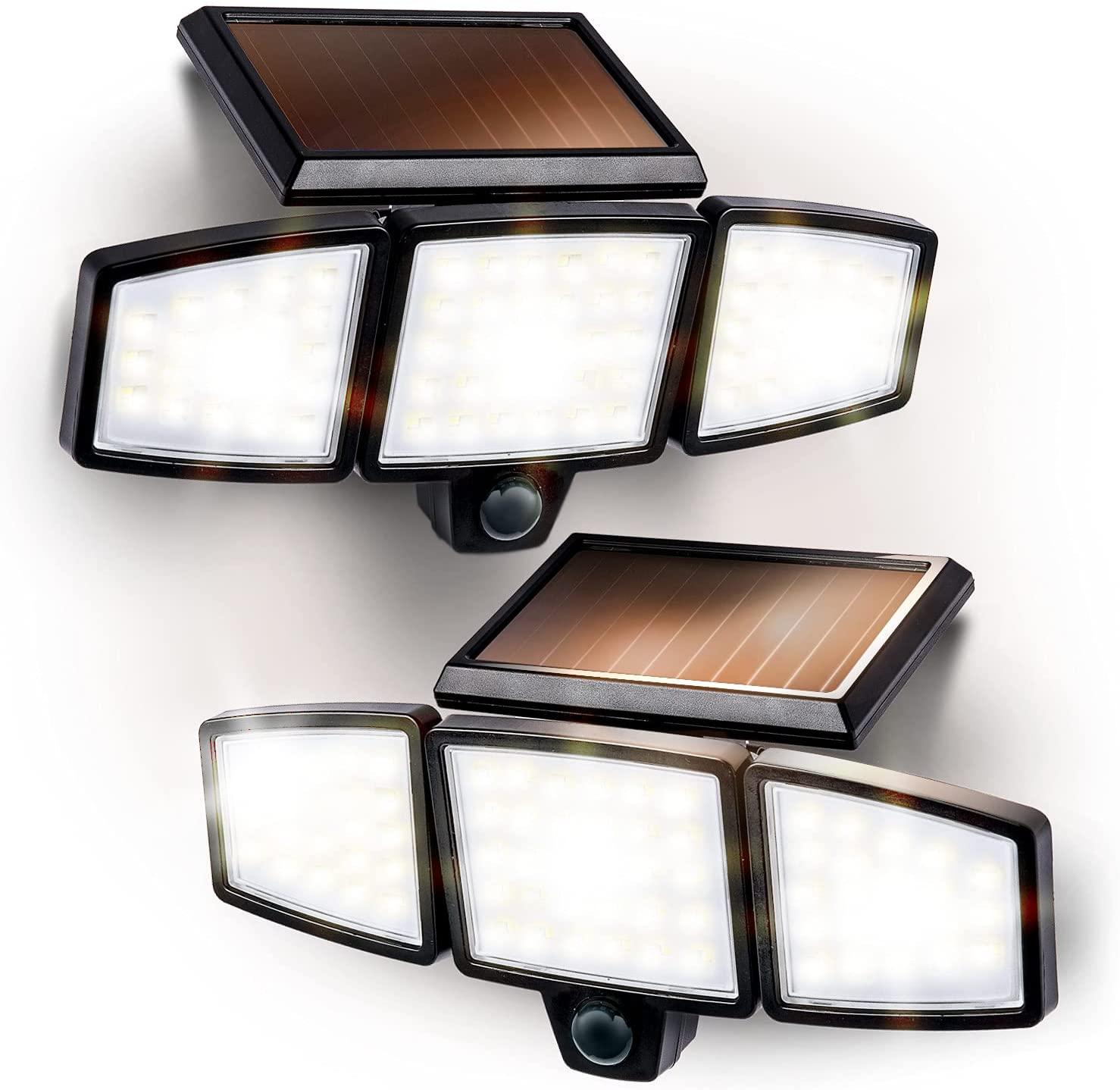 2-Pack Solar Motion Sensor Flood Lights – 2800LM, 3 Adjustable Heads, IP65 Waterproof With Remote Control, 16.4ft Cable, 3 Modes