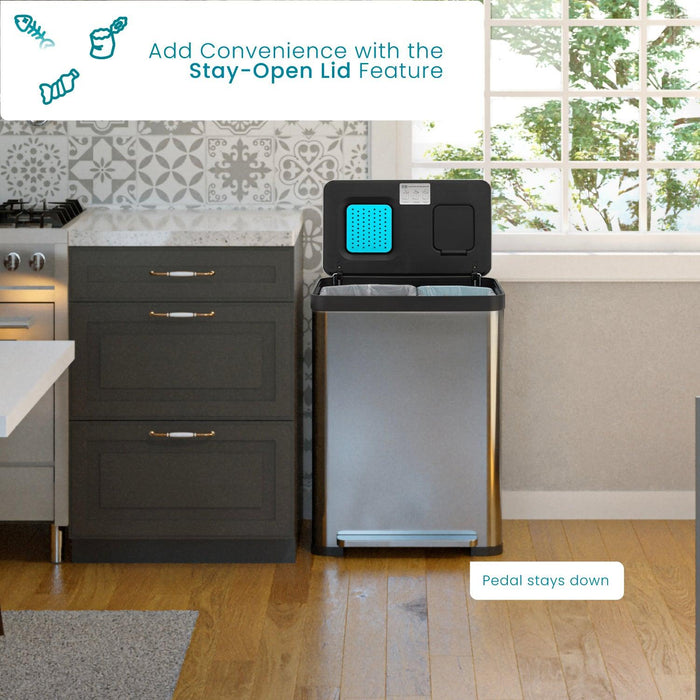 18.5 Gallon Dual Trash Can with CLEANAURA, 70 Liter Total Capacity - Home Zone Living