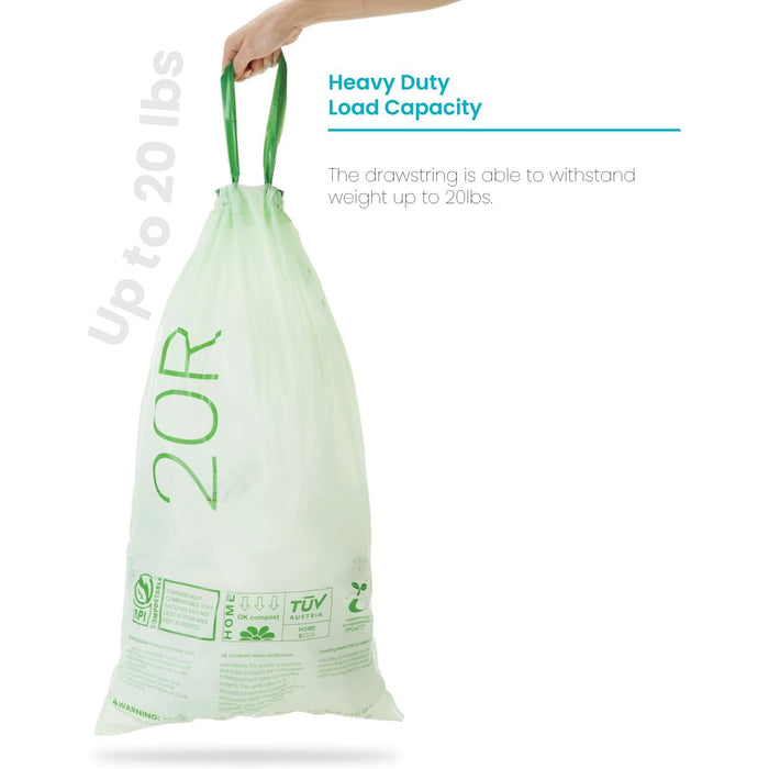 5.28 Gallon Compostable Kitchen Trash Bags with Drawstring Handles, BPI-Certified Eco Friendly, Heavy Duty Custom Fit for 20L Recycling Trash Can Liner, Code 20R, 60 Count, Green