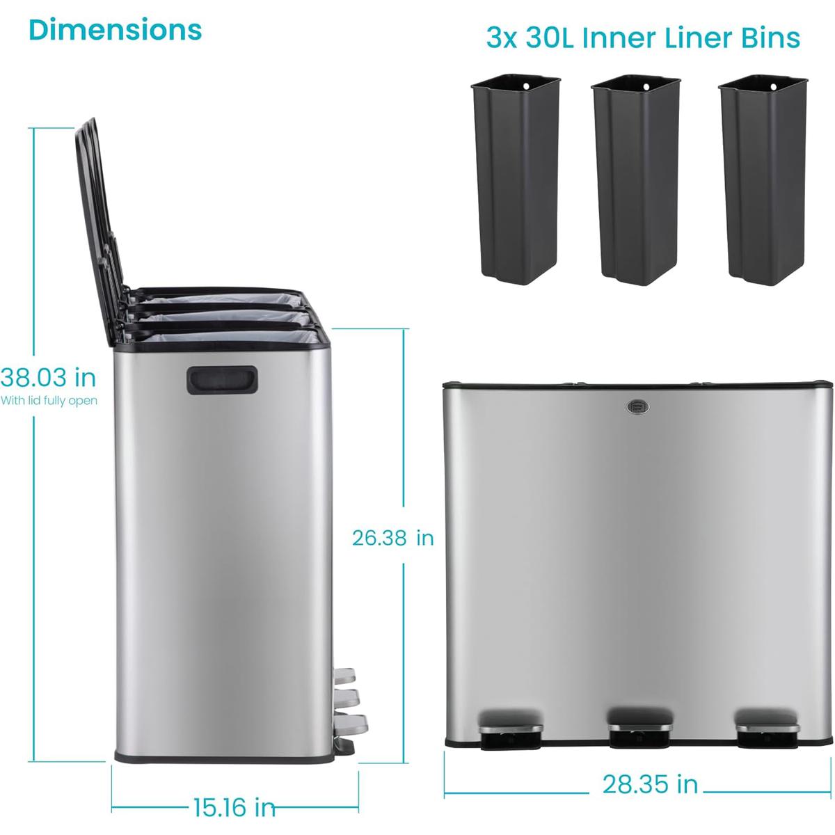 24 Gallon Large Trash Can with 3 Compartments – Stainless Steel