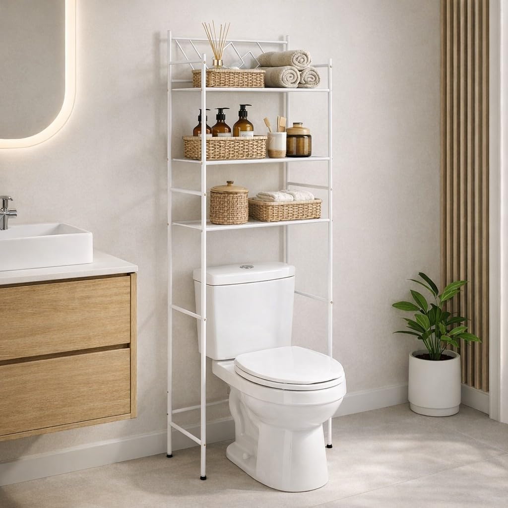 Bathroom with a white over-the-toilet shelf, wooden cabinet, and plant.