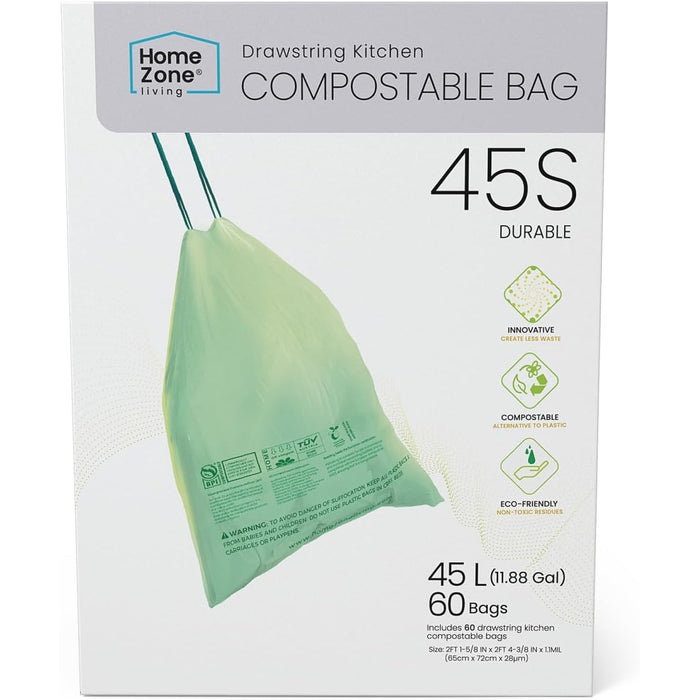13 Gallon Compostable Kitchen Trash Bags with Drawstring Handles, BPI-Certified Eco Friendly, Heavy Duty Custom Fit Design for Standard to 50L Recycling Trash Can Liner, Code 45S, 60 Count, Green