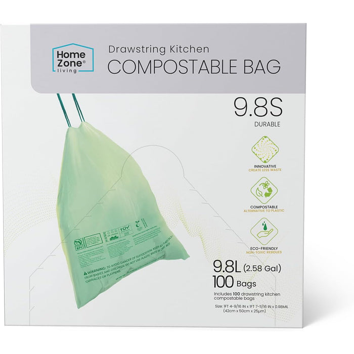 2.58 Gallon Small Compostable Kitchen Trash Bags with Drawstring Handles, BPI-Certified Eco Friendly, Code 9.8S, 100 Count