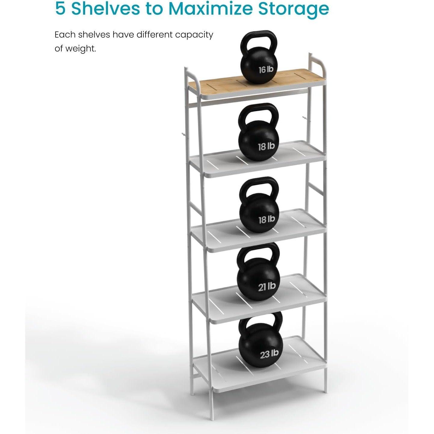 5 Tiers Storage Rack and Shelf, Bamboo Accent Shelf with Steel Frame
