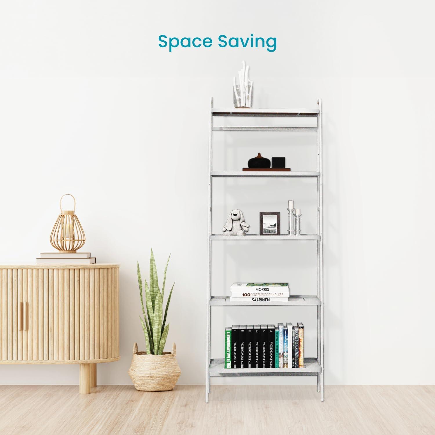 5 Tiers Storage Rack and Shelf, Bamboo Accent Shelf with Steel Frame