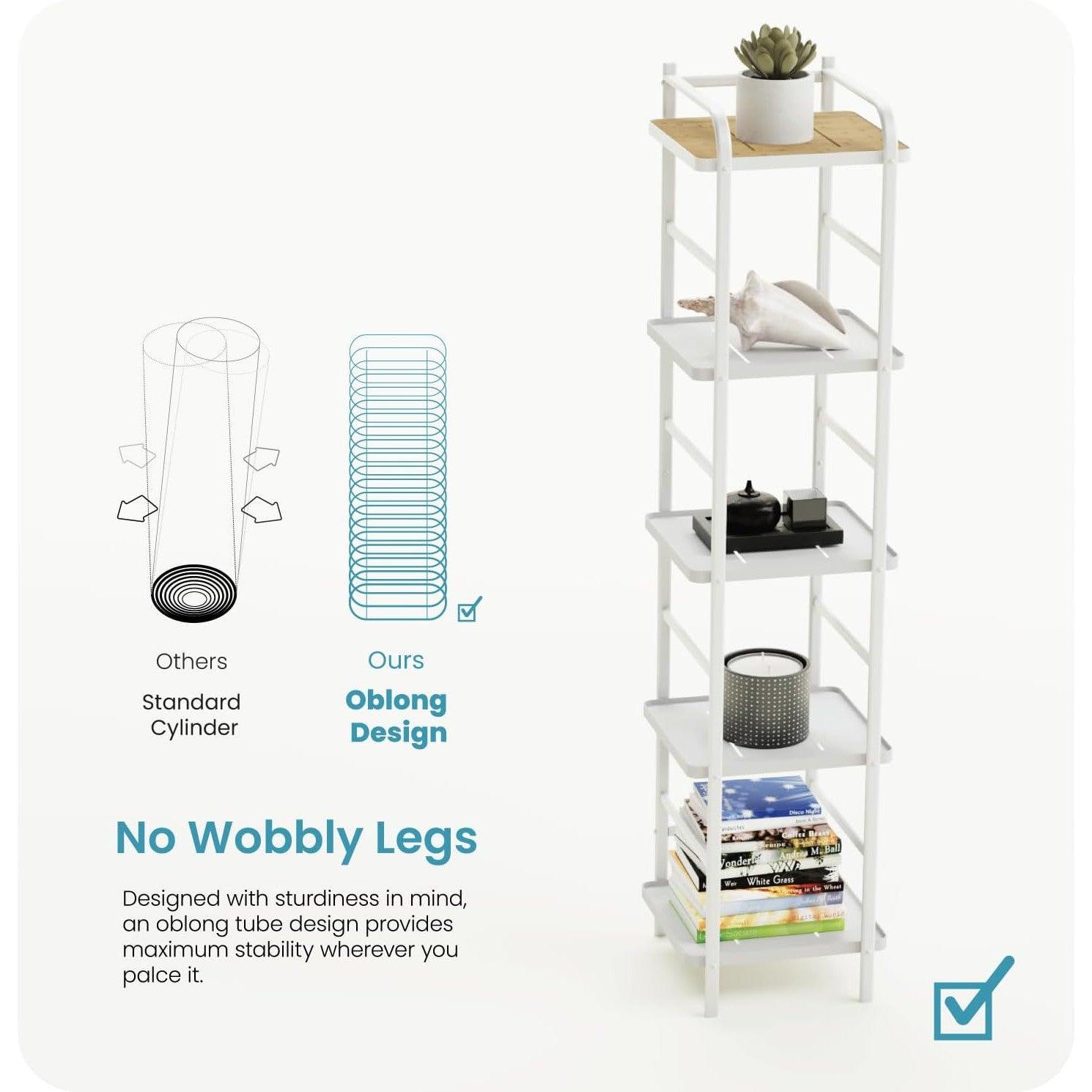 5 Tiers Storage Racks and Shelving, Tall and Slim Bamboo Accent with Steel Frame