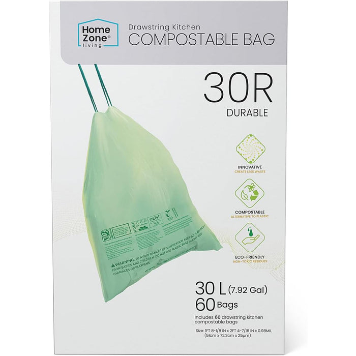 8 Gallon Compostable Kitchen Trash Bags with Drawstring Handles, BPI-Certified Eco Friendly, Heavy Duty Custom Fit for 30 Liter Recycling Trash Can Liner, Code 30R, 60 Count, Green