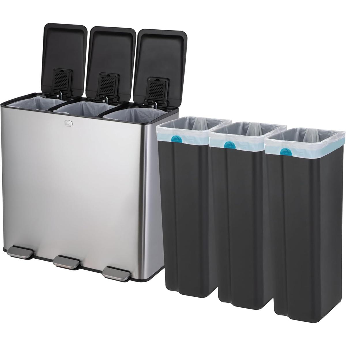 24 Gallon Large Trash Can with 3 Compartments – Stainless Steel
