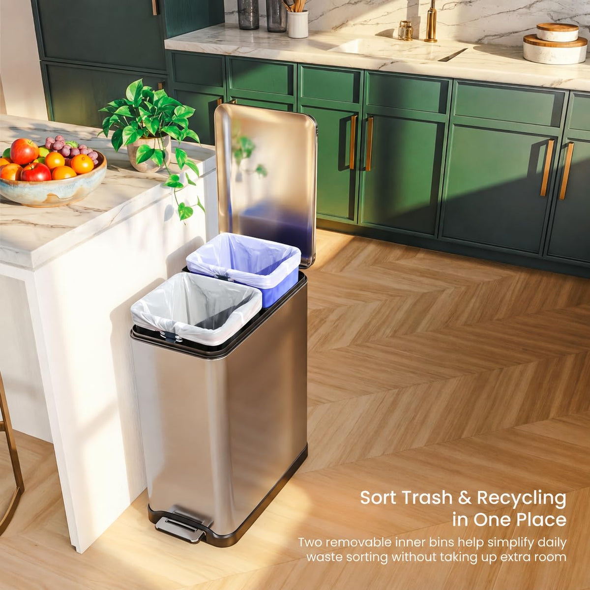 13 Gallon Slim Trash Can with Dual Compartments - 50 Liters Total