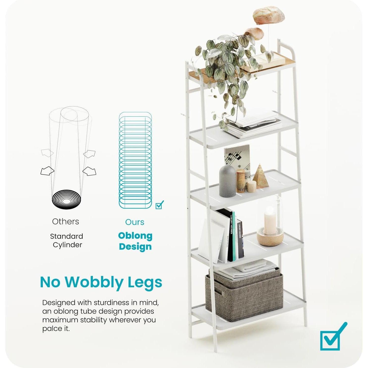 5 Tiers Storage Rack and Shelf, Bamboo Accent Shelf with Steel Frame