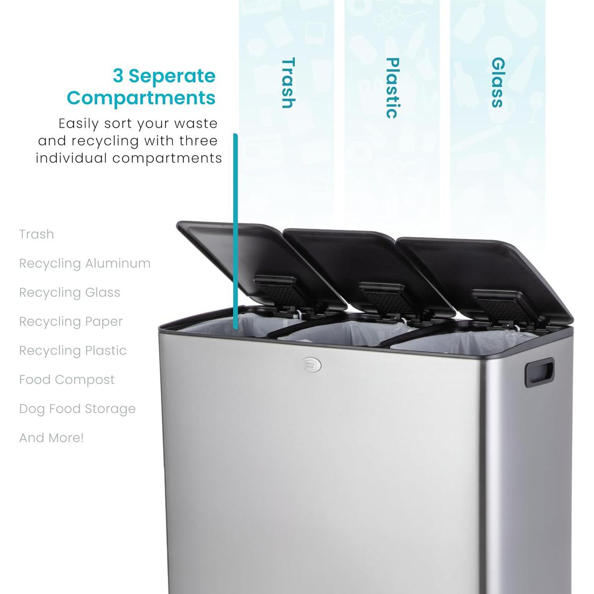 24 Gallon Large Trash Can with 3 Compartments – Stainless Steel