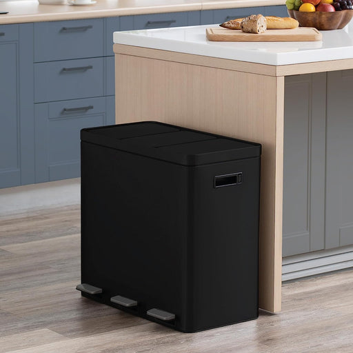3X 5.8 Gallon Compartments for 60 Liter Total Capacity Kitchen and Recycling Trash Can Combo, Matte Black - Home Zone Living