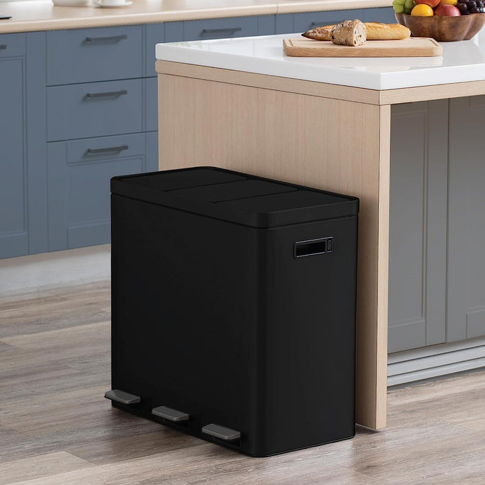 3X 5.8 Gallon Compartments for 60 Liter Total Capacity Kitchen and Recycling Trash Can Combo, Matte Black