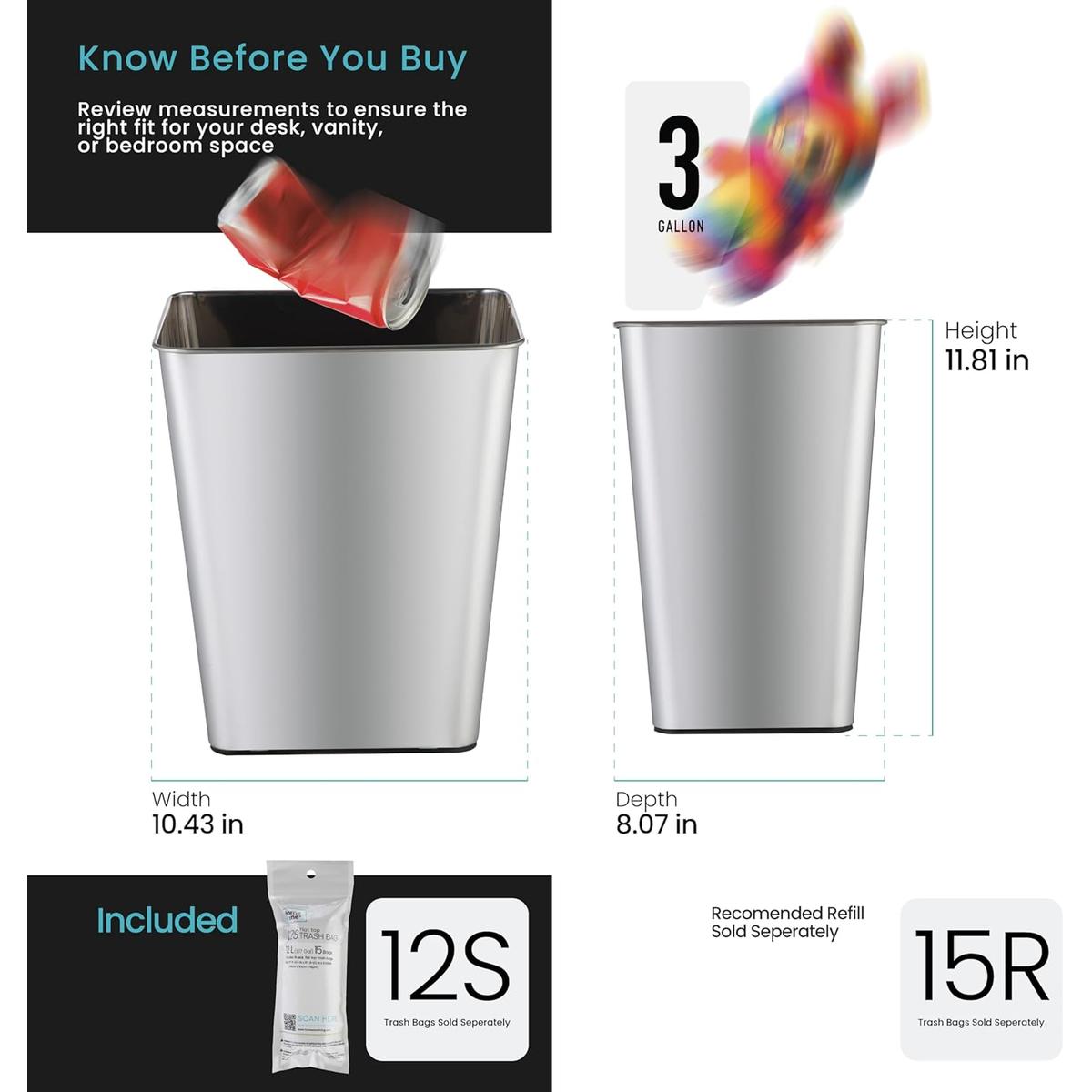 3 Gallon Stainless Steel Open Top Wastebasket - 2PK