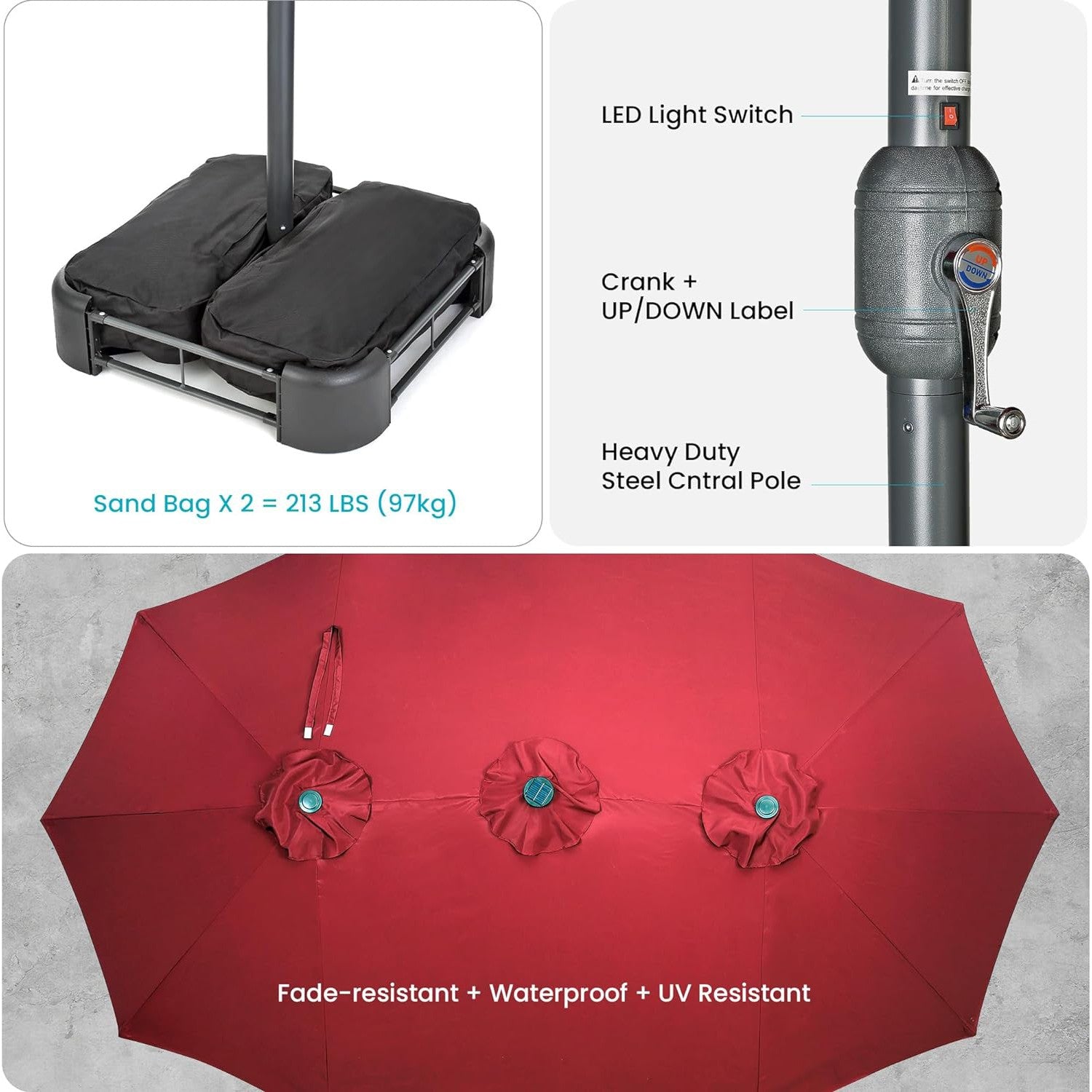15x9 Ft Double Head UV Resistant & Waterproof Patio Umbrella with Base