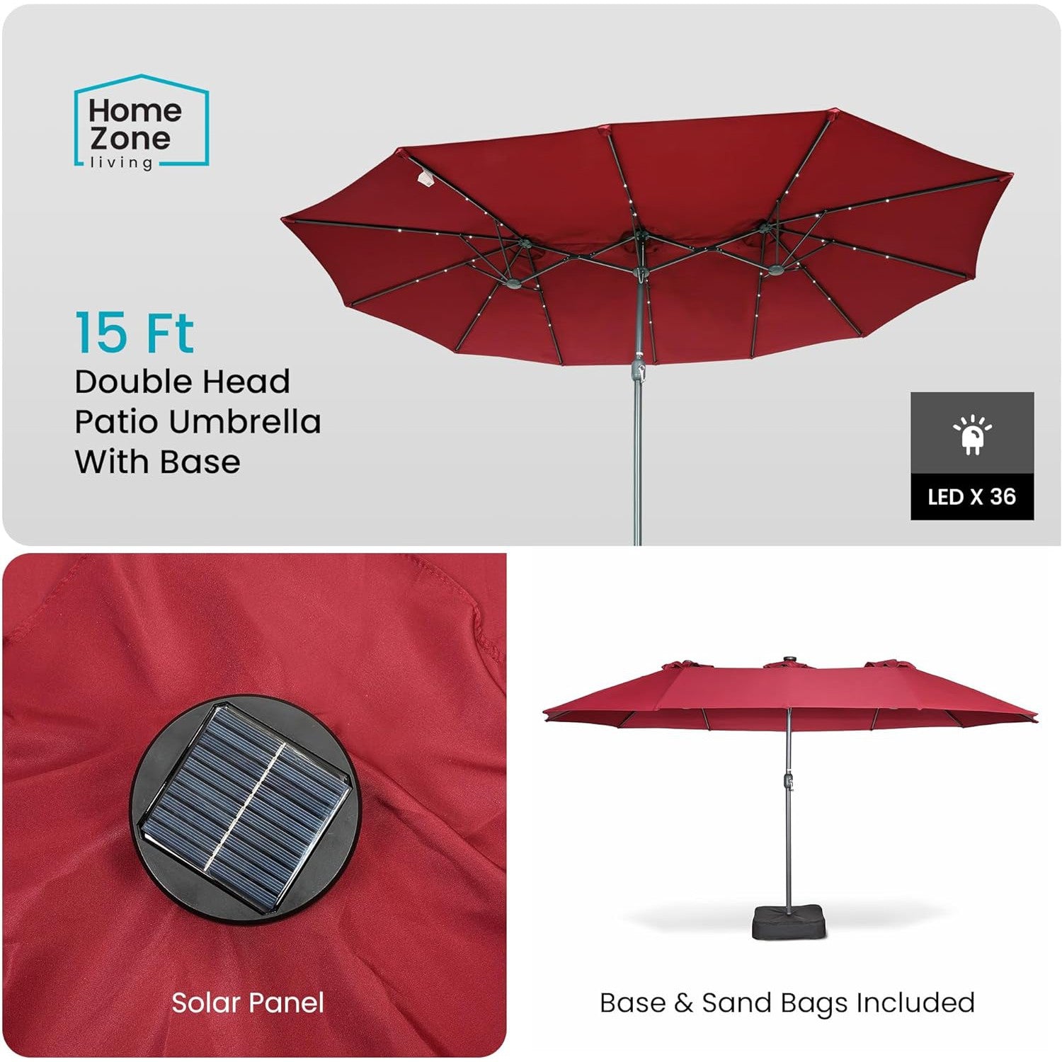 15 foot patio umbrella with base Home Zone KUS0090U 15x9 ft Double Head Patio Umbrella w/ Base & LED Lights