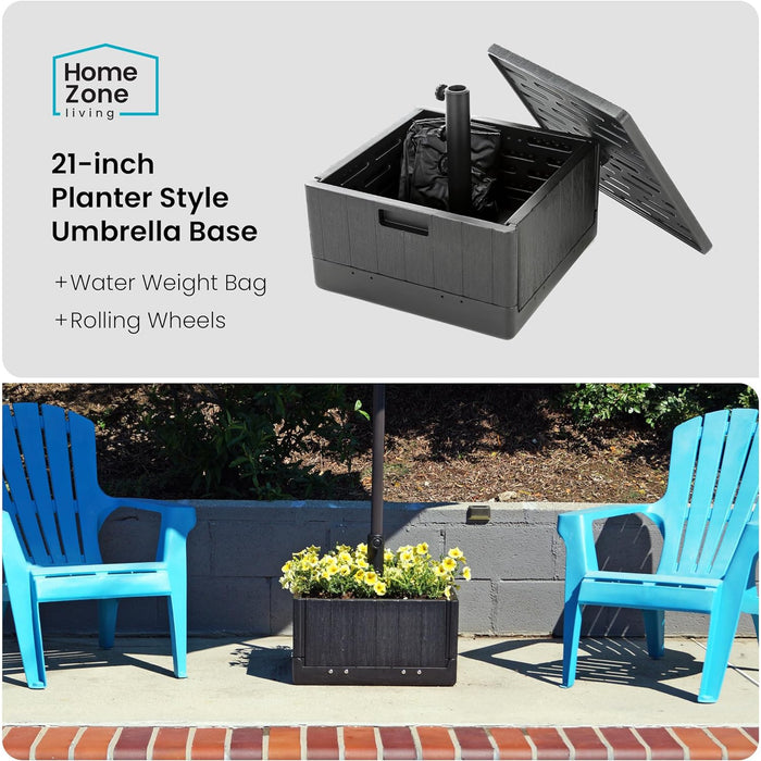 4-in-1 Square 21" Planter Umbrella Base: Wheels, Water Weight, Table & Planting Box