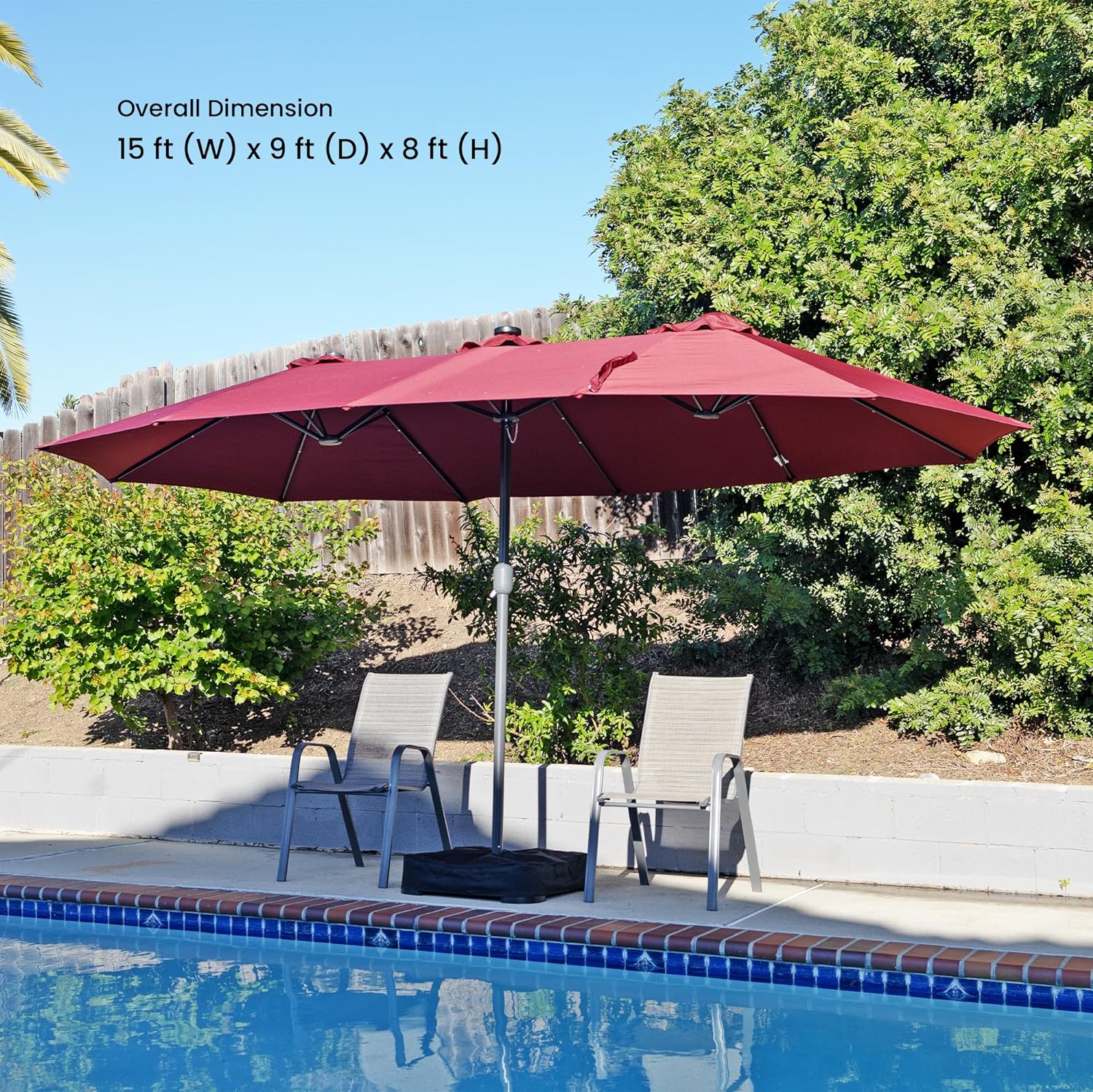 2 patio umbrella Home Zone KUS0090U 15x9 ft Double Head Patio Umbrella w/ Base & LED Lights