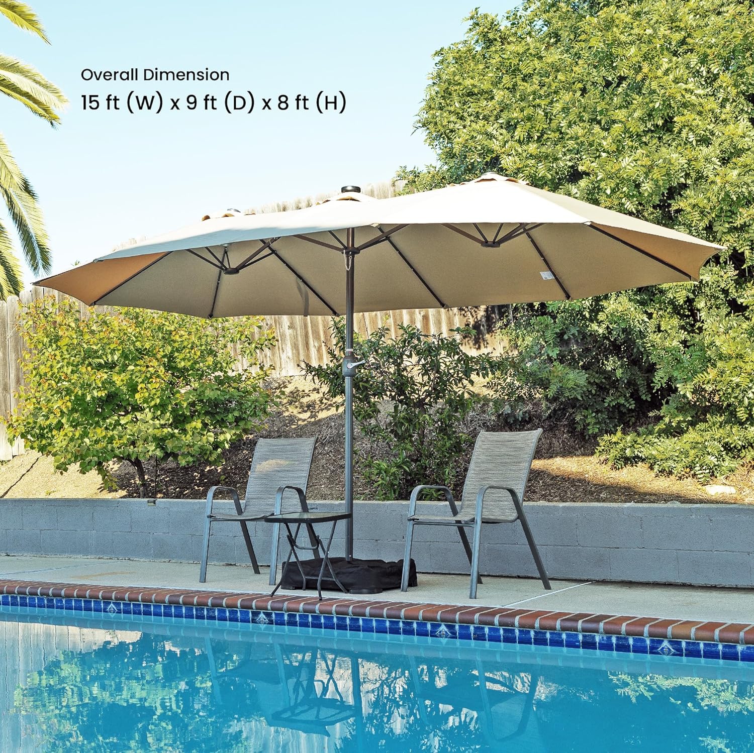 Home Zone KUS0090U 15x9 ft Double Head Patio Umbrella w/ Base & LED Lights Home Zone KUS0090U 15x9 ft Double Head Patio Umbrella w/ Base & LED Lights