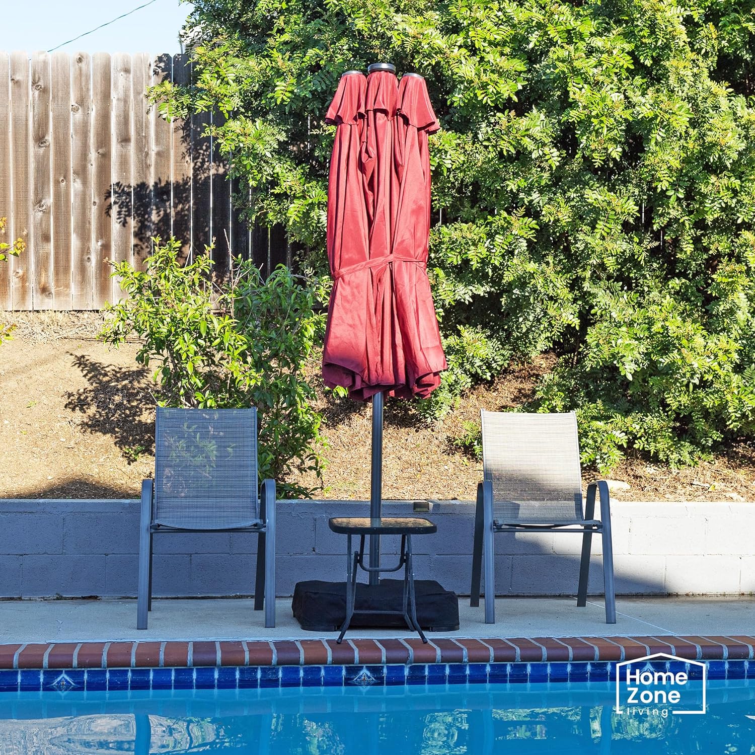 15x9 patio umbrella with base Home Zone KUS0090U 15x9 ft Double Head Patio Umbrella w/ Base & LED Lights
