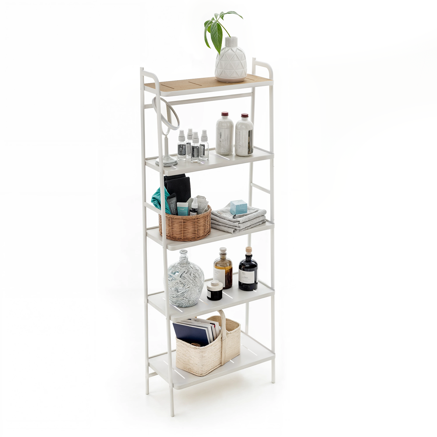 5 Tiers Storage Rack and Shelf, Bamboo Accent Shelf with Steel Frame