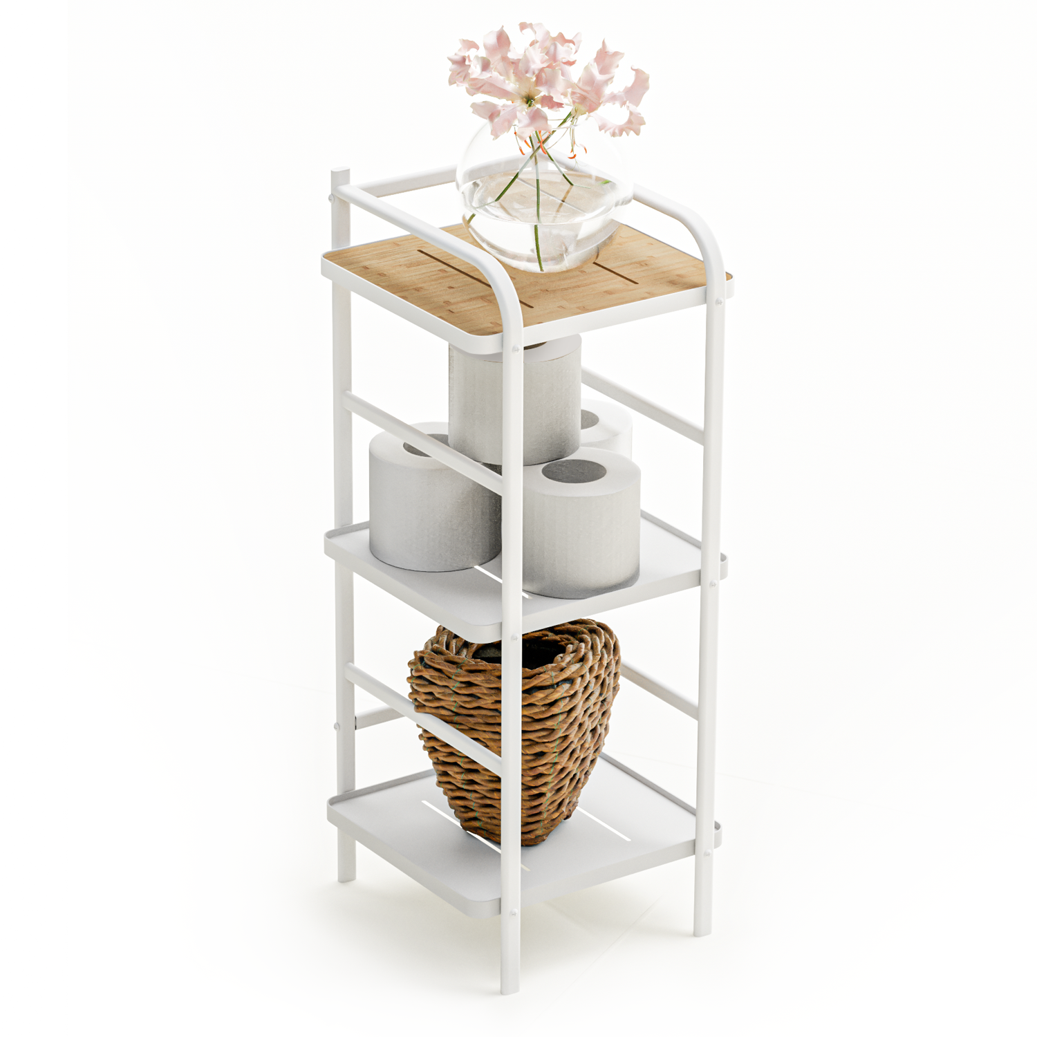 Room Side Racks 3 Tiers Storage Racks and Shelving, Bamboo Accent with Steel Frame