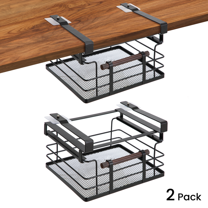 Under Shelf Pull-Out Drawer Kitchen Cabinet Organizer with Steel Mesh Basket and Wooden Handle, 11" Length