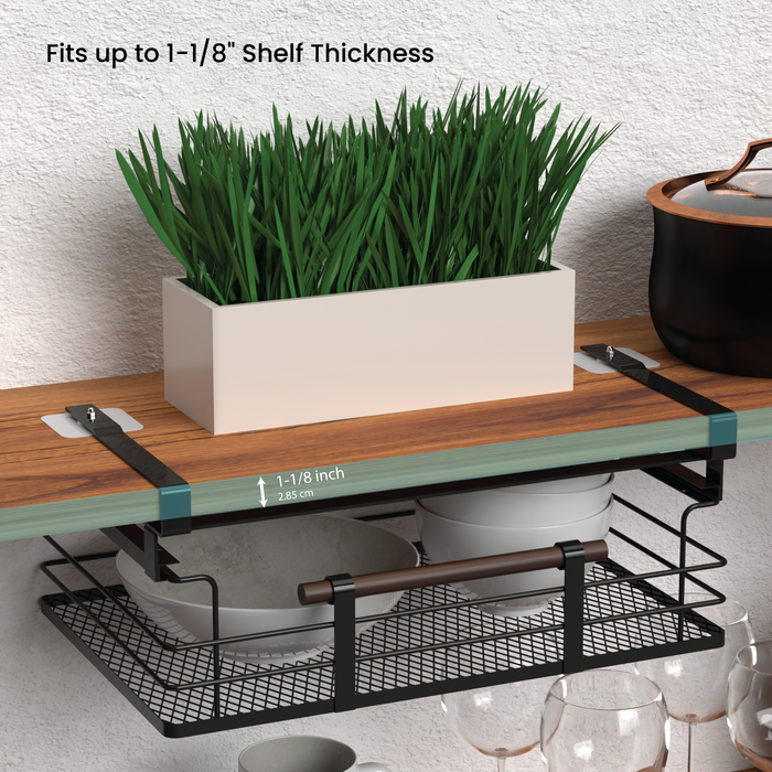 Under Shelf Pull-Out Drawer Kitchen Cabinet Organizer with Steel Mesh Basket and Wooden Handle, 17" Length