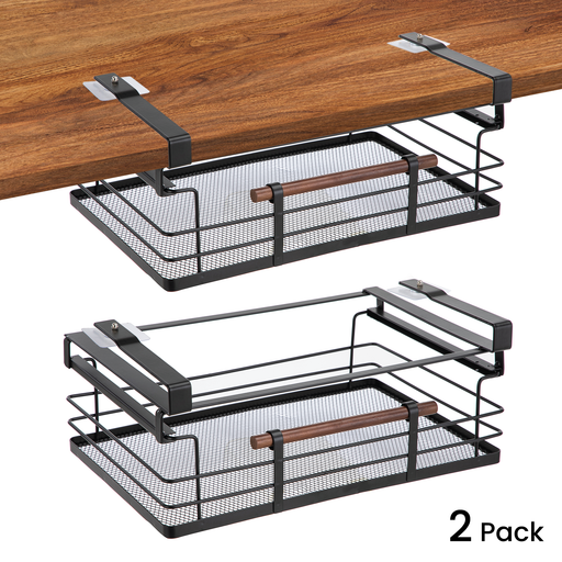 Under Shelf Pull-Out Drawer Kitchen Cabinet Organizer with Steel Mesh Basket and Wooden Handle, 17" Length - Home Zone Living