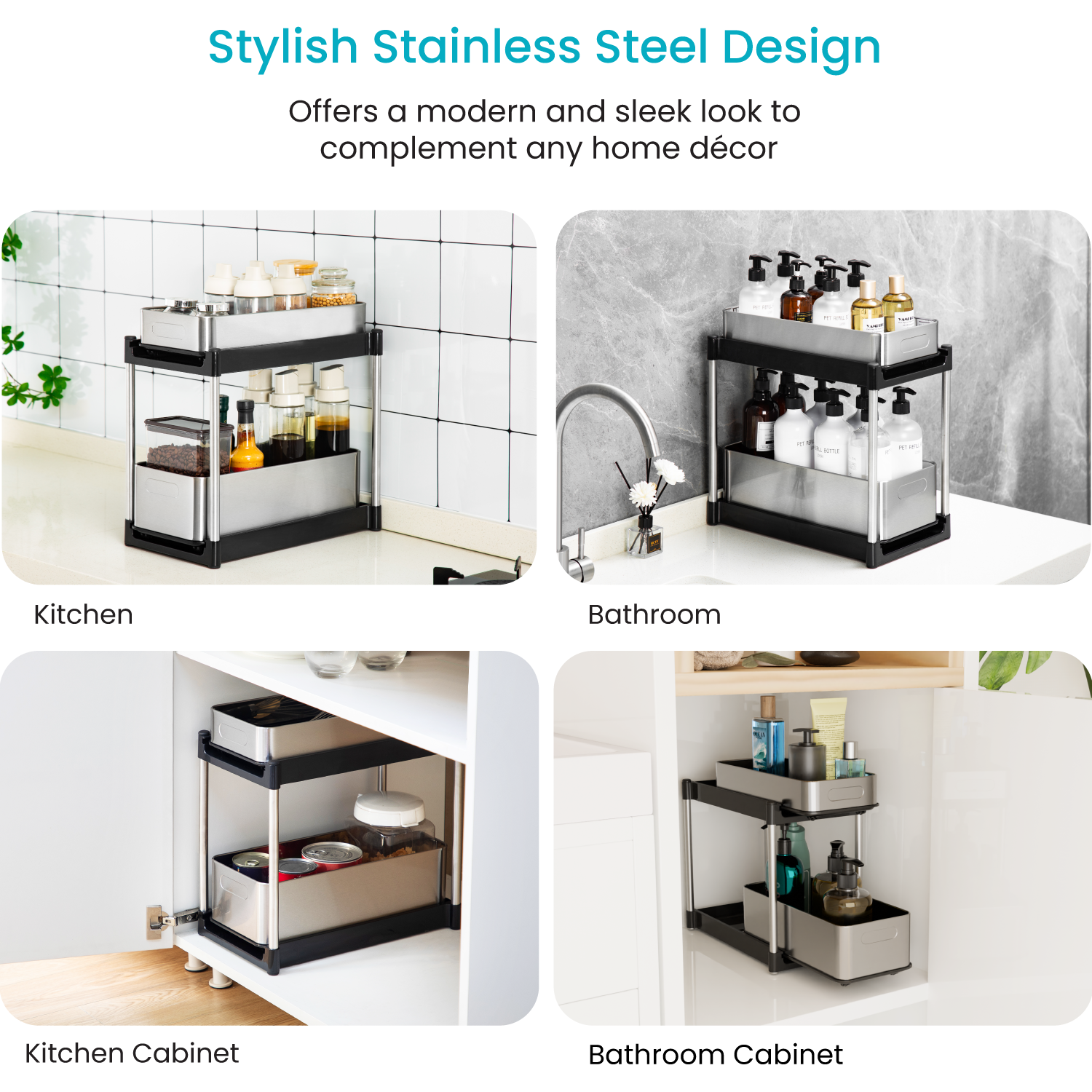 Stainless Steel Pull Out Cabinet Organizer – 2 Tier