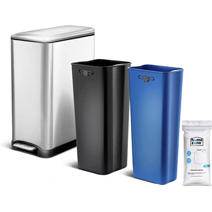 Home Zone Living 13 Gallon Kitchen Trash Can, Dual Compartment Recycle Combo, Slim Stainless Steel, 50 Liter