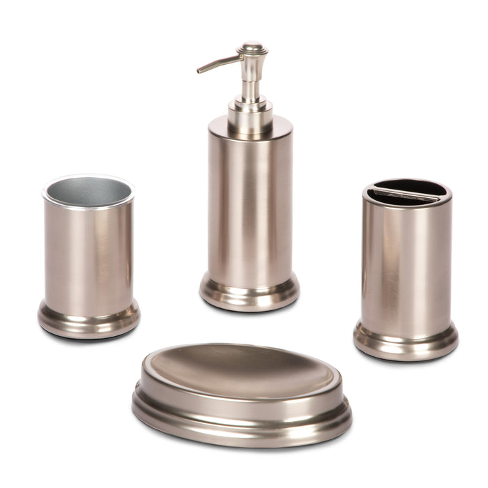 Bath Accessory Set | Toothbrush Holder, Hand Soap Dispenser, Soap Tray and Tumbler (Silver)