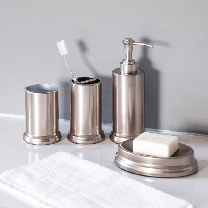 Bath Accessory Set | Toothbrush Holder, Hand Soap Dispenser, Soap Tray and Tumbler (Silver) - Home Zone Living