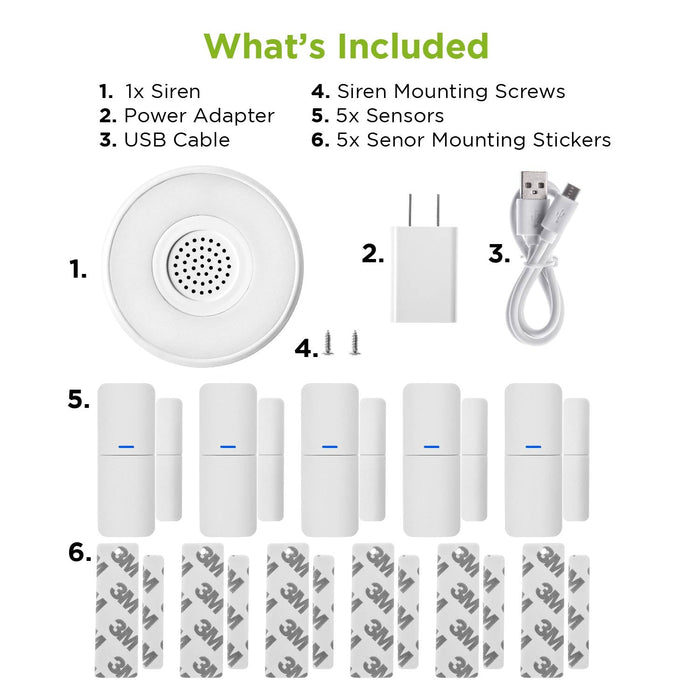 Smart Wireless Door, Window Sensor and Security Siren Alarm Kit (5-Pack)
