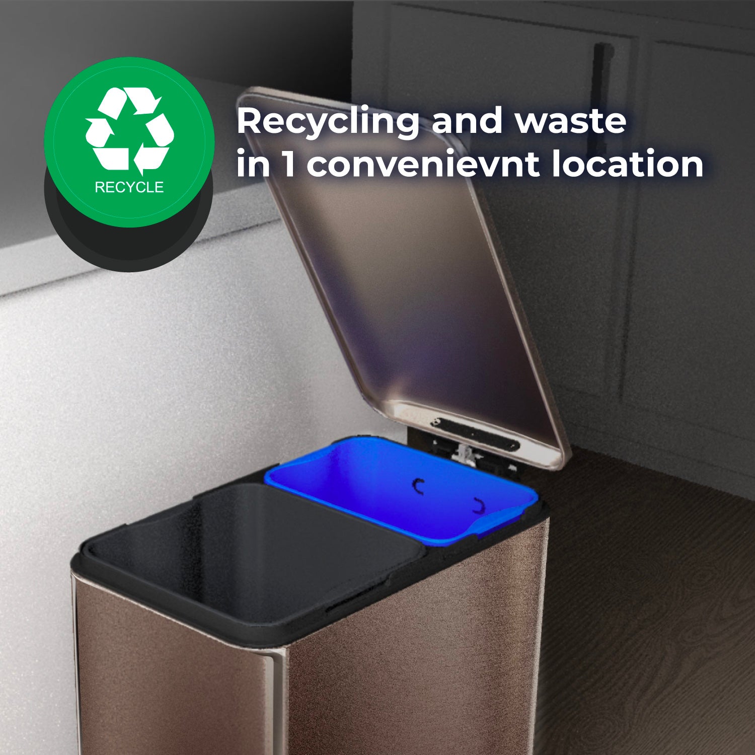 13 Gallon Slim Kitchen Trash Can with Dual Compartments - 50 Liter Black