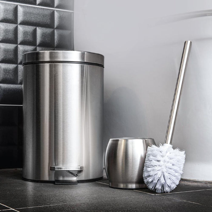 Home Zone Living Bathroom Trash Can and Toilet Brush Combo, Stainless Steel, 7 Liter, Silver, 1.8 Gallon Round (VA41863A)