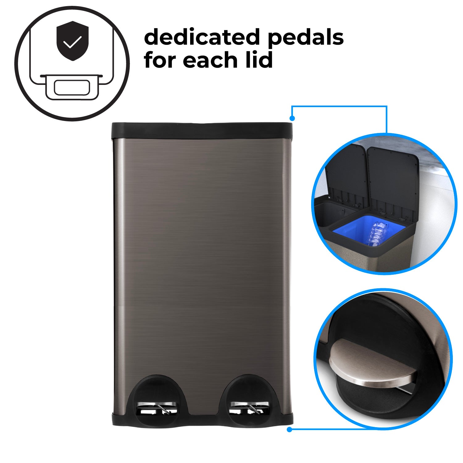 15.8 Gallon Kitchen Trash Can with Dual Compartments - 60 Liter Black