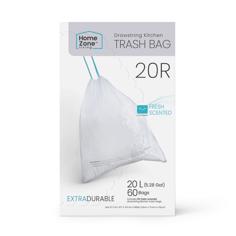 5.3 Gallon Kitchen Trash Bags with Drawstring Handles, Heavy Duty Custom Fit Design for 20 Liter Dual Recycling Liners, Code 20R, 60 Count - Home Zone Living