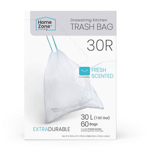 8 Gallon Kitchen Trash Bags with Drawstring Handles, Heavy Duty Custom Fit Design for 30 Liter Dual Recycling Liners, Code 30R, 60 Count - Home Zone Living