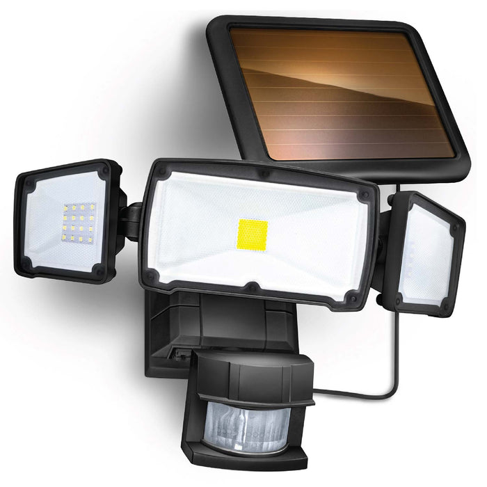 Solar Motion Sensor Light: Triple Head 6000K Light - Black - Home Zone Living
